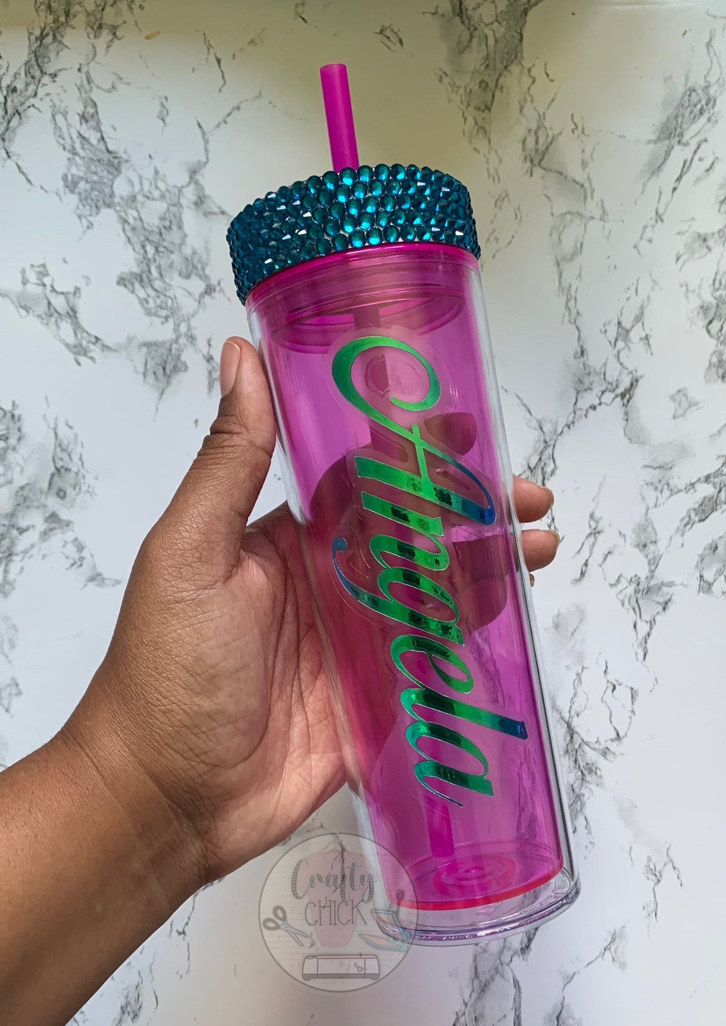 Pink Acrylic Skinny Tumbler with Rhinestone Top